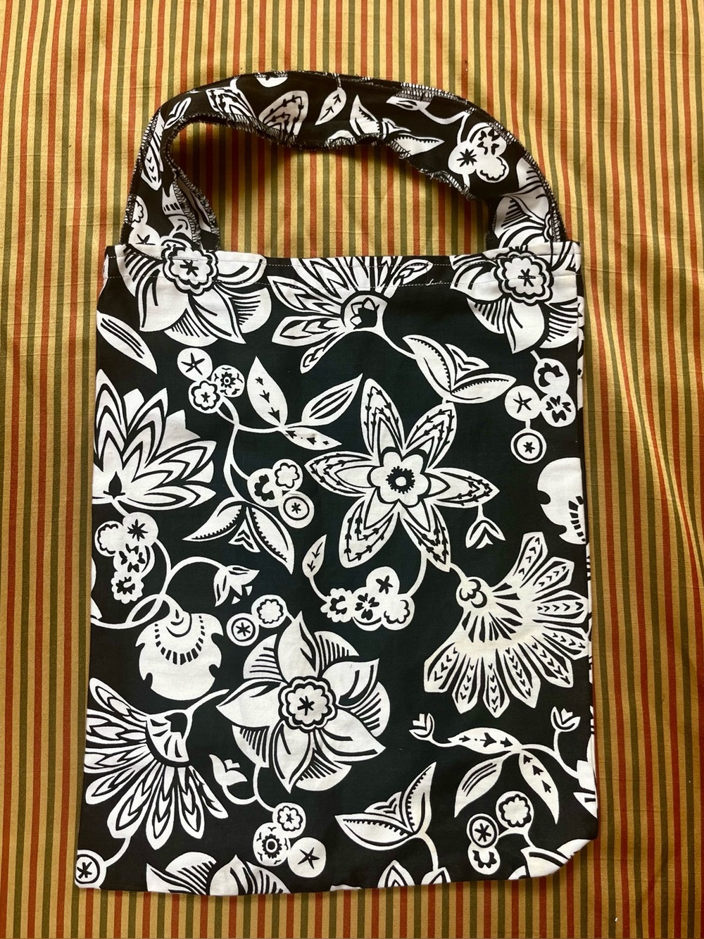 Handmade Cotton Tote Bag Black White Bold Floral Print Reusable Shopping